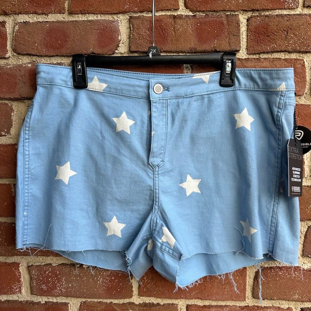 Rock & Roll Denim $54 Star Print High Rise Shorts Sky Blue Size 34 NEW